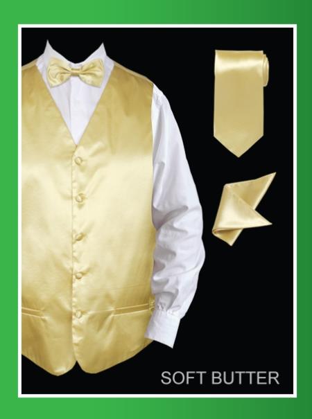 Men's 4 Piece Groomsmen Dress Tuxedo Wedding Vest ~ Waistcoat ~ Waist coat Set (Bow Tie, Neck Tie, Hanky) - Satin Ivory - Men's Neck Ties - Mens Dress Tie - Trendy Mens Ties main image 1