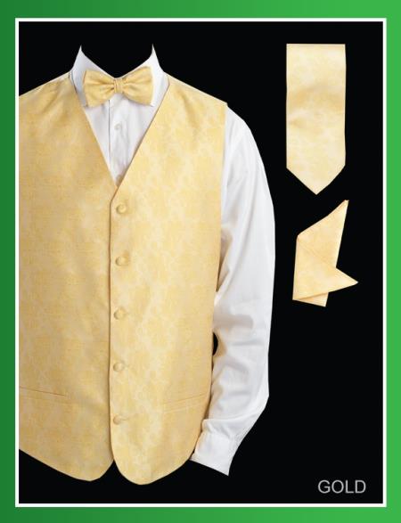 Men's Four Piece P A I S L E Y Jacquard Gold ~ Yellow ~ Banana - Groomsmen Dress  ~ Waistcoat ~ Waist coat Set (Bow Tie, Neck Tie, Hanky) - Men's Neck Ties - Mens Dress Tie - Trendy Mens Ties