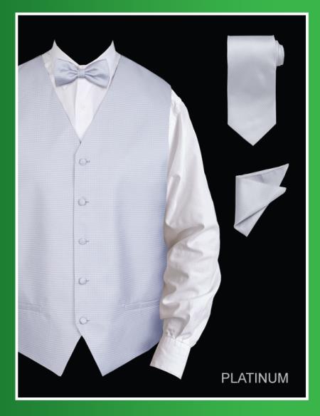 Men's 4 Piece Groomsmen Dress Tuxedo Wedding Vest ~ Waistcoat ~ Waist coat Set (Bow Tie, Neck Tie, Hanky) - Jacquard Platinum - Men's Neck Ties - Mens Dress Tie - Trendy Mens Ties