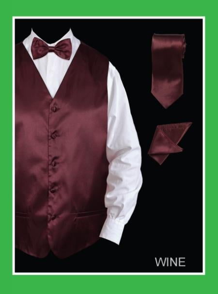 Men's 4 Piece Dress Tuxedo Wedding Vest ~ Waistcoat ~ Waist coat Set (Bow Tie, Neck Tie, Hanky) - Satin Pink  - Men's Neck Ties - Mens Dress Tie - Trendy Mens Ties