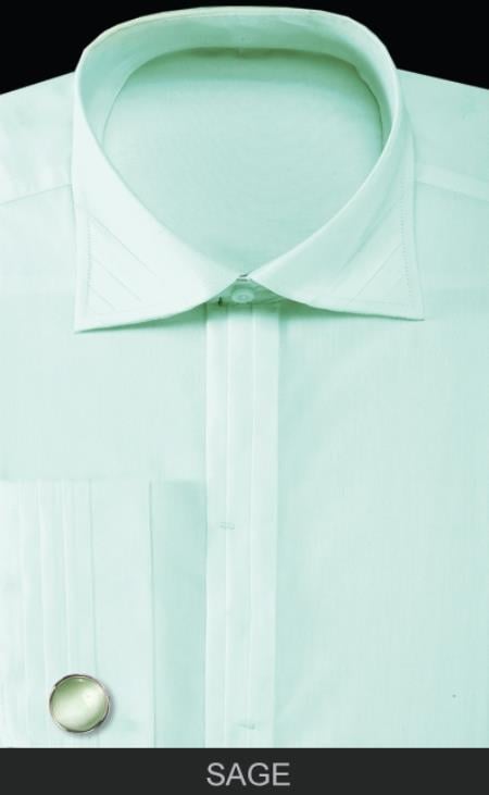 French Cuff with Cuff Links - Solid Pleated Collar Mint ~ Sage Men's Dress Shirt
