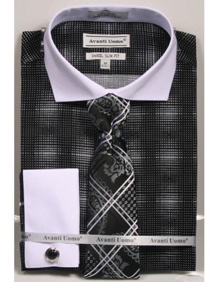 Black Interlocking Ring French Cuff With Collar Cotton Men's Dress Shirt main image 0
