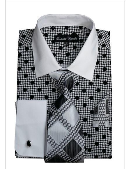 Black Polka Dot Pattern White Collared French Cuff Style Men's Dress Shirt