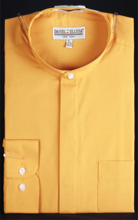 Men’s Honey Gold Mandarin Collar Dress Shirt, Banded Collar Oriental Style Formal Shirt