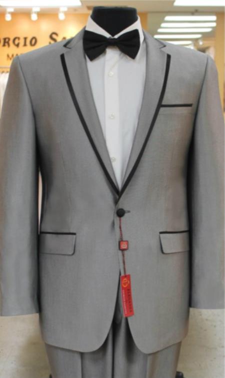 Grey~Gray 2 button collar Suit & Dinner Jacker or Blazer with Black Edge Trim Fashion Tuxedo For Men