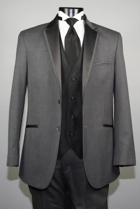 Two Button Charcoal Wool Tuxedo With Black Satin Custom for Wedding or Prom 2026