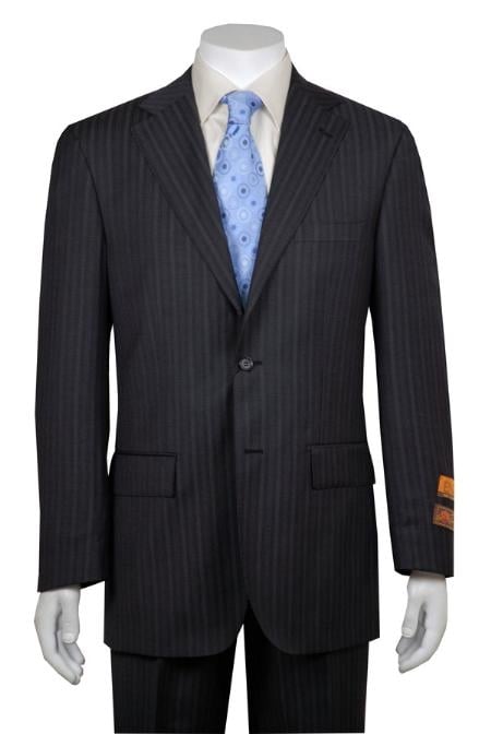 Gray and Shadow Stripe ~ Pinstripe 2 Button Vented without pleat flat front Pant Business ~ Wedding 2 piece Side Vented Modern Fit Suits 2 Piece Suits For Men mensusa
