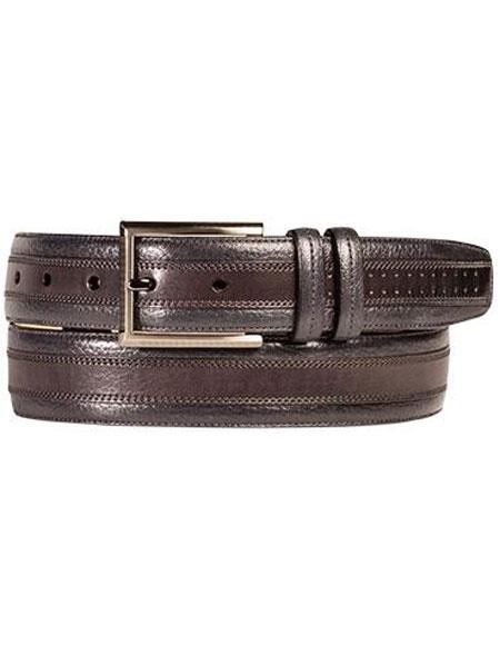 Mezlan Belts Men's Grey Italian Calfskin Stitch Trim With Decorative Tip Belt