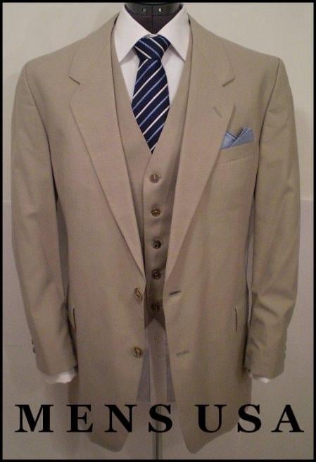 High Quality 2 Button Solid Tan ~ Beige Vested Suits 100% Rayon Men's Suits On Sale mensusa