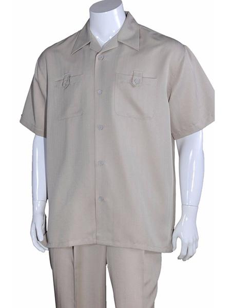 Men's 5 Button Casual Short Sleeve Solid Khaki 100% Polyester Casual Two Piece Walking Outfit For Sale Pant Sets Suits
