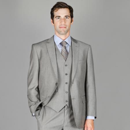 Mens Stripe High Fashion Suit with Vest and Pants Grey