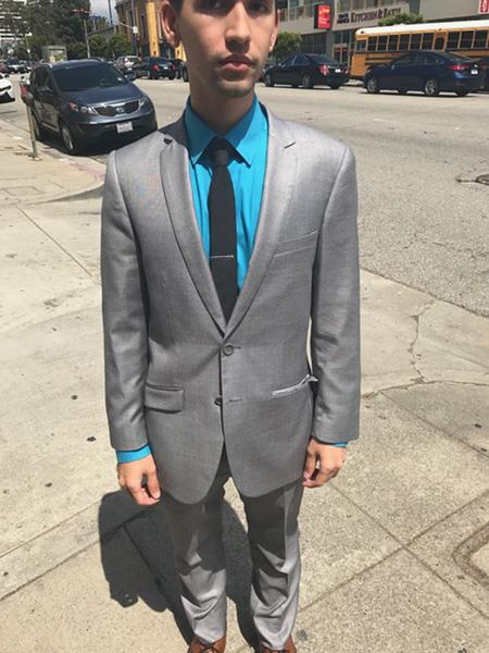 Men's Tazio Light Grey ~ Gray with Blue Plaid Slim Fit Small Lapel Suit Skinny Suit