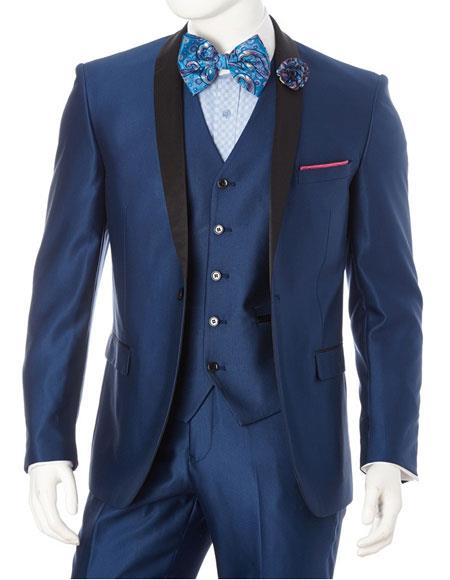 Men's Wedding - Prom 2026 Event Bruno 1 Button Shawl Lapel Blue Slim Fit Suit