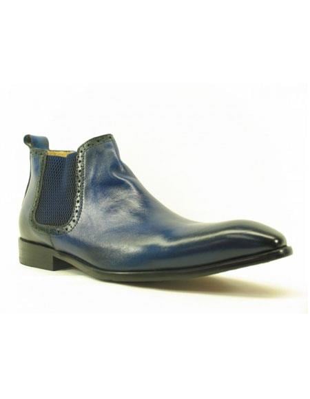 Men's Blue ~ Black Carrucci Burnished Calfskin Slip-On Low-Top Chelsea Cheap Priced Men's Dress Boot With jeans or Suit Best Fashion Dressy Leather Boot!