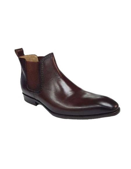 Men's Brown ~ Black Carrucci Burnished Calfskin Slip-On Low-Top Chelsea Cheap Priced Men's Dress Boot With jeans or Suit Best Fashion Dressy Leather Boot!