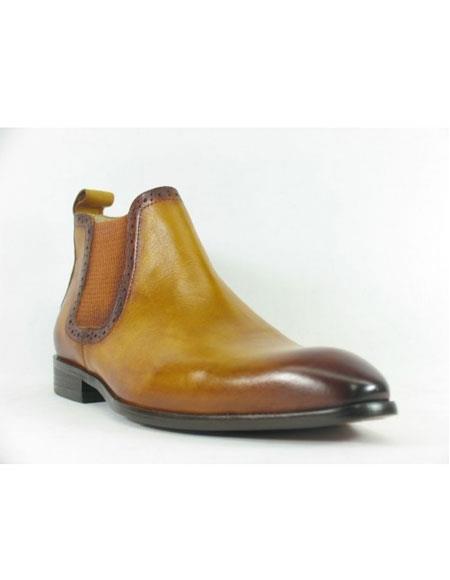 Men's Cognac Carrucci Burnished Calfskin Slip-On Low-Top Chelsea Cheap Priced Men's Dress Boot With jeans or Suit Best Fashion Dressy Leather Boot!