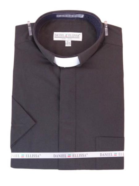 Men's Mandarin Banded Collar Pastor Preacher Minister Preacher Round Style Short Sleeve Black collarless Shirt