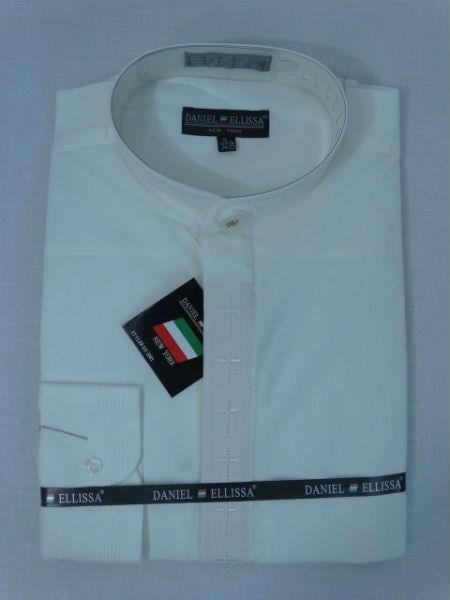 Men's Mandarin Banded Collar Pastor Preacher Long Sleeve Ivory/Ivory Preacher Round Style collarless Shirt