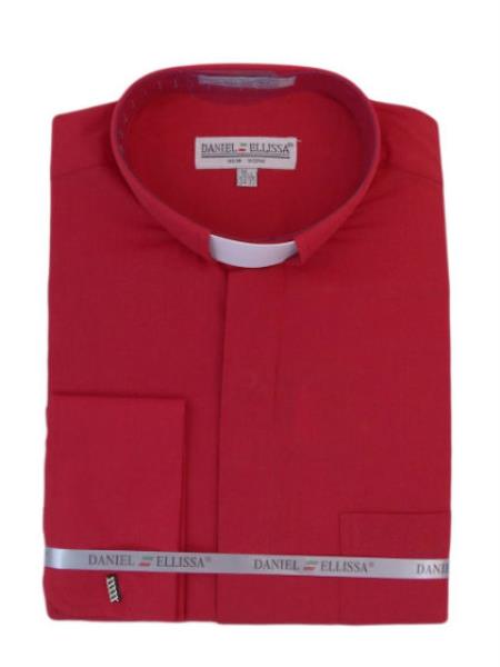 Men's Mandarin Banded Collar Preacher Round Style French Cuff Pastor Preacher Long Sleeve Red collarless Shirt
