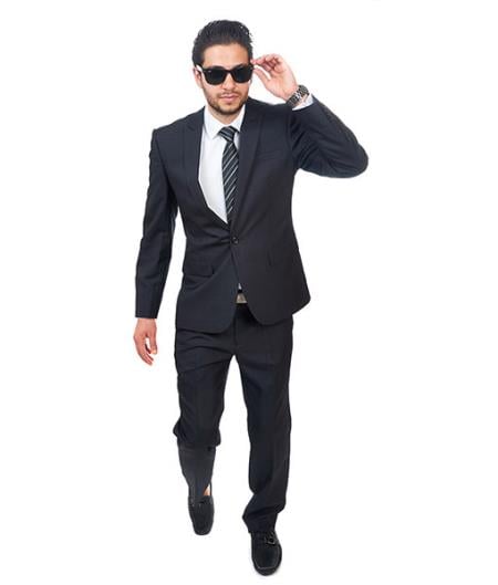 Men 1 Button Peak Lapel Textured Suit Flat Front Pant Slim Fit Black