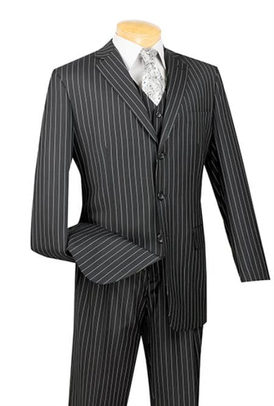 Men's 1920's 30's Fashion Look Available in 2 or 3 buttons Kids Sizes 3 Piece Bold Chalk Pinstripe Black Three Piece Vested Suit Perfect For boys wedding outfits mensusa