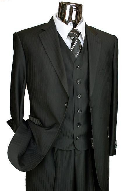 Men's Black 6 button vest single three piece suit - Seersucker Fabric Summer Fabric Cotton Fabric - Black on Black Stripe mensusa