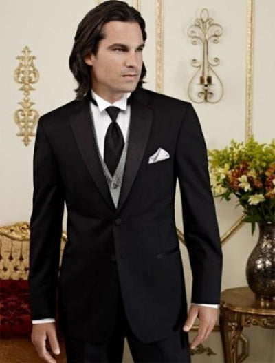 Men's Black Tapered Leg Lower Rise Pants Two Button Tuxedo mensusa