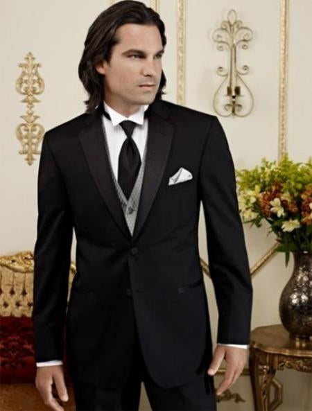 Men's Black Tapered Leg Lower Rise Pants Two Button Tuxedo mensusa