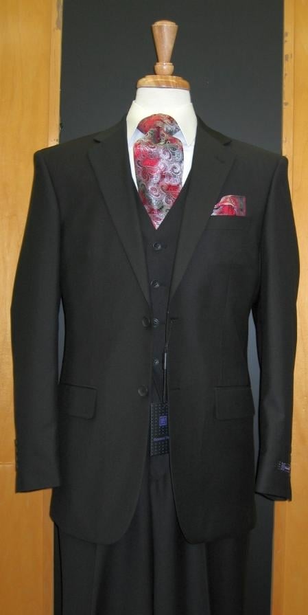 Men's Black Two Button Flat Front three piece classic Italian suit mensusa