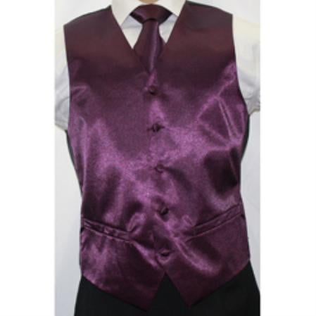 Men's Shiny Dark Purple Microfiber 3-piece Dress Tuxedo Wedding Vest ~ Waistcoat ~ Waist coat Buy 10 of same color Tie For $25 Each mensusa