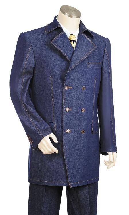 Mens Blue Denim Zoot Suit – Long Vested Vintage Jeans Style main image 1