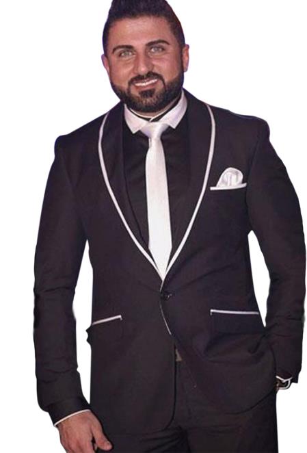 Black and White Trim Collar Shawl Lapel Tuxedo With Satin Trim Vested Suit