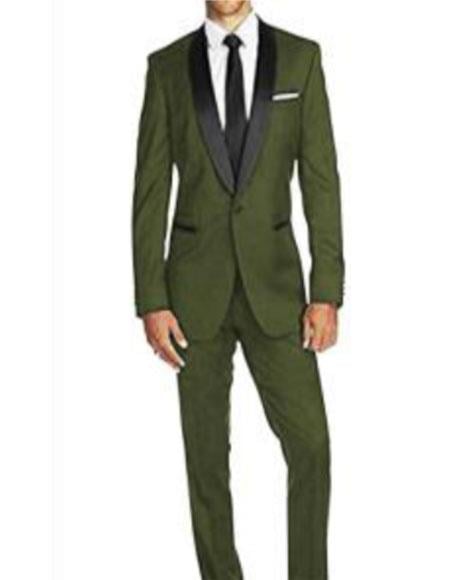 One button shawl lapel flap front pocket olive green suit for men