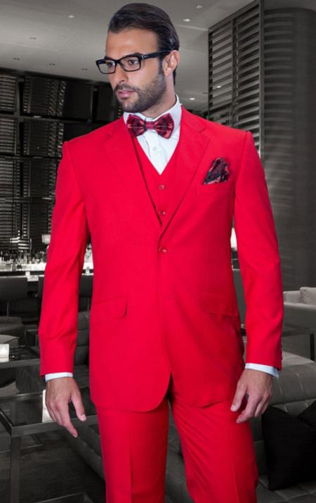 Classic 3 Piece 2 Button Solid Red Men's Suit Extra Fine Italian Red