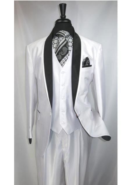 Men's 3 Piece One Button Shawl Lapel Suit Jacket with Black Satin Trim Collar White