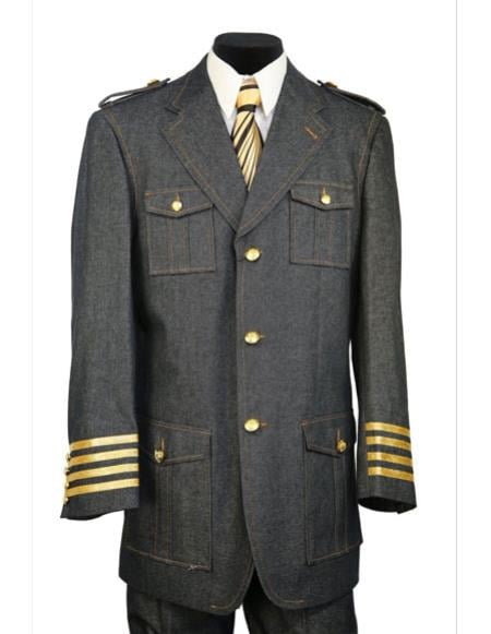 Men's Black military style tri-stripe cuff denim 2pc zoot suit