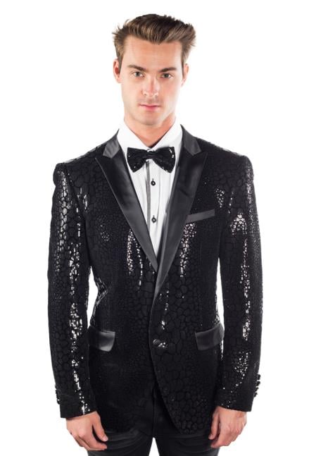 Men's Sequined Reptilian Print Cheap Priced Designer Fashion Dress Casual Blazer For Men On Sale Black Blazer