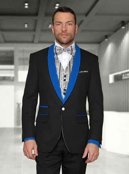 Men's Satin Shawl Lapel Blue 2 Buttons Floral Slim Fit Blazer Sportcoat Paisley Royal Blue Tuxedo main image 1