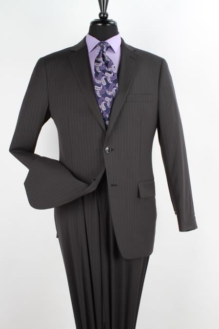 Men'S 2 Piece 100% Executive Suit - Charcoal With Silver Stripe ~ Pinstripe - 100% Percent Wool Fabric Suit - Worsted Wool Business Suit
