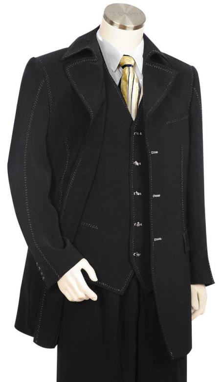Men's Button Fastener Trench Collar Black Zoot Suit