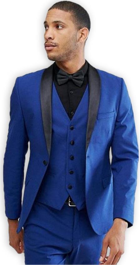Men's Blue 1 Button Shawl Lapel Slim Fit Vested Suit