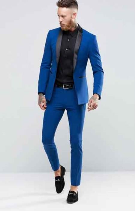 Men's Blue 1 Button Super Skinny Jacket Blazer (comes with black pants)