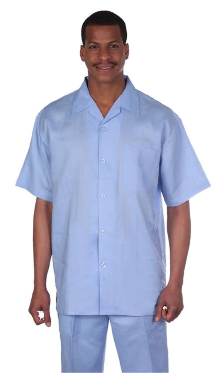 Mens walking suits casual two piece sets Summer Short Sleeve Shirt & Pants Casual Two Piece Mens Walking Outfit For Sale Pant Sets Casual Suit Set Men's Suit 100% Mens Linen Suit - Fabric â€“ Light Blue ~ Sky