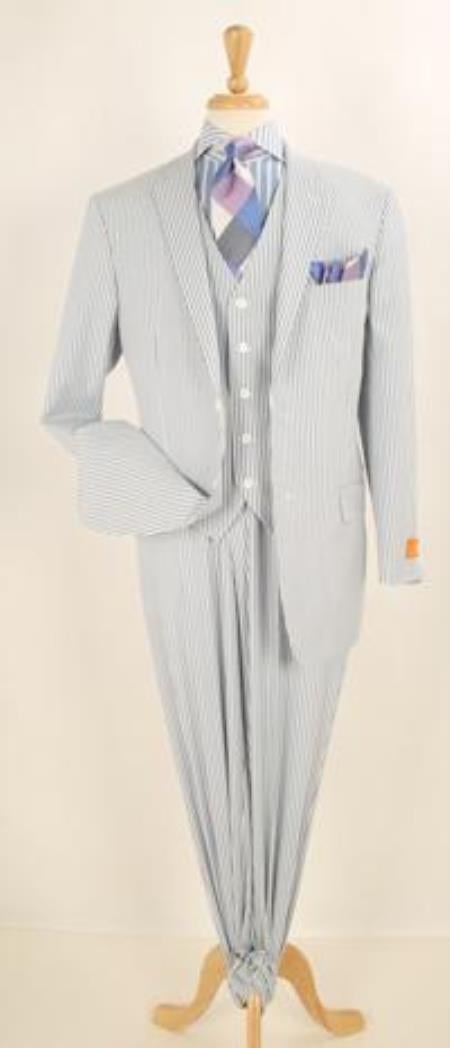 Mens Three Piece Suit - Jacket + Pants Suit Mens 3 pc Blue Seersucker Sear sucker suitt - Flat Front Pants