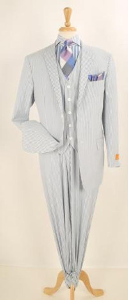 Mens Three Piece Suit - Jacket + Pants Suit Mens 3 pc Blue Seersucker Sear sucker suitt - Flat Front Pants