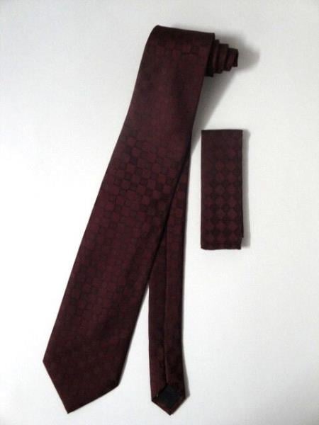 Neck Tie Set Burgundy ~ Maroon ~ Wine Color Checkered Design - Men's Neck Ties - Mens Dress Tie - Trendy Mens Ties