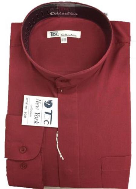 Mandarin Collar Burgundy ~ Wine ~ Maroon Color,Preacher Round Style White Men's Dress Shirt