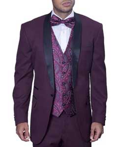 Men'S 1 Button Black And Burgundy ~ Wine ~ Maroon Suit Tuxedo Peak Lapel Suit Dinner Jacket Black Lapel Burgundy Tuxedo main image 0
