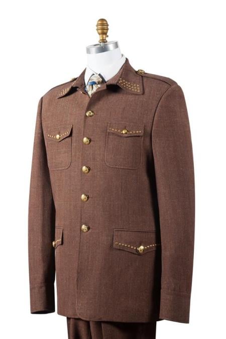 Men's Naval Style High Collar Brass Point Collar Zoot Suit Coffee
