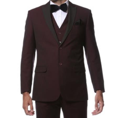 Men'S Burgundy 5 Button V-Neck Vest Peak Lapel Jacket Burgundy Suit Burgundy Tuxedo main image 1